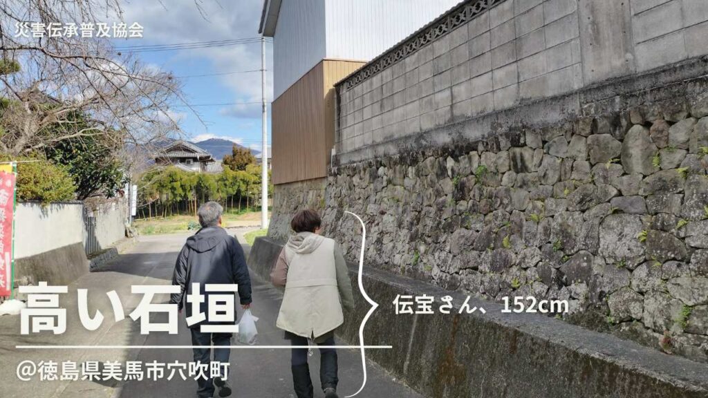 徳島県美馬市「光泉寺」周辺では、光泉寺と同じうように洪水被害にあわないよう高い石垣の上に住宅が建っていました。