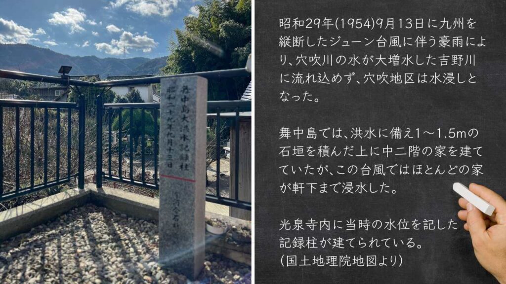 徳島県美馬市の光泉寺にある自然災害伝承碑「舞中島大洪水記録柱」と説明です。